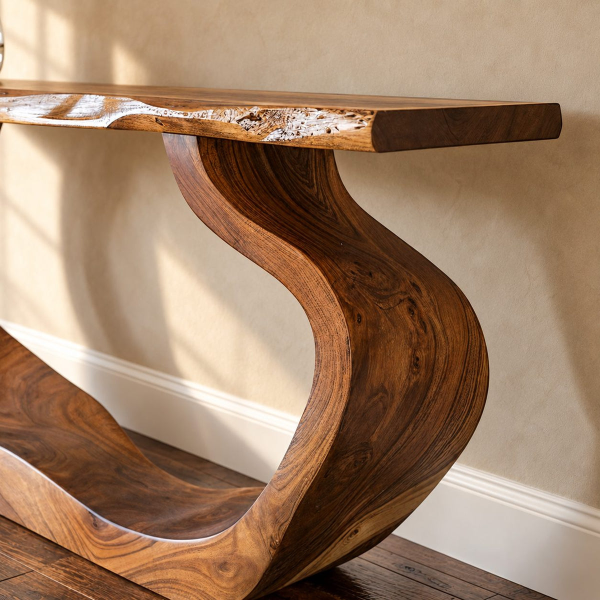 Live Edge Console Table with Curved Waterfall Loop Base, Sculptural Solid Wood Entryway Table