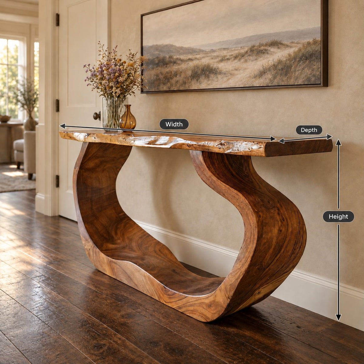 Live Edge Console Table with Curved Waterfall Loop Base, Sculptural Solid Wood Entryway Table