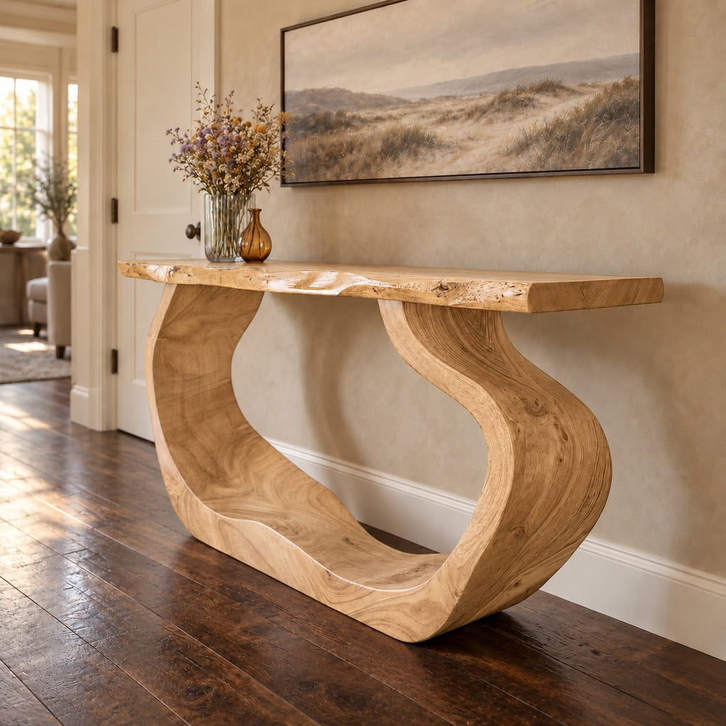 Live Edge Console Table with Curved Waterfall Loop Base, Sculptural Solid Wood Entryway Table