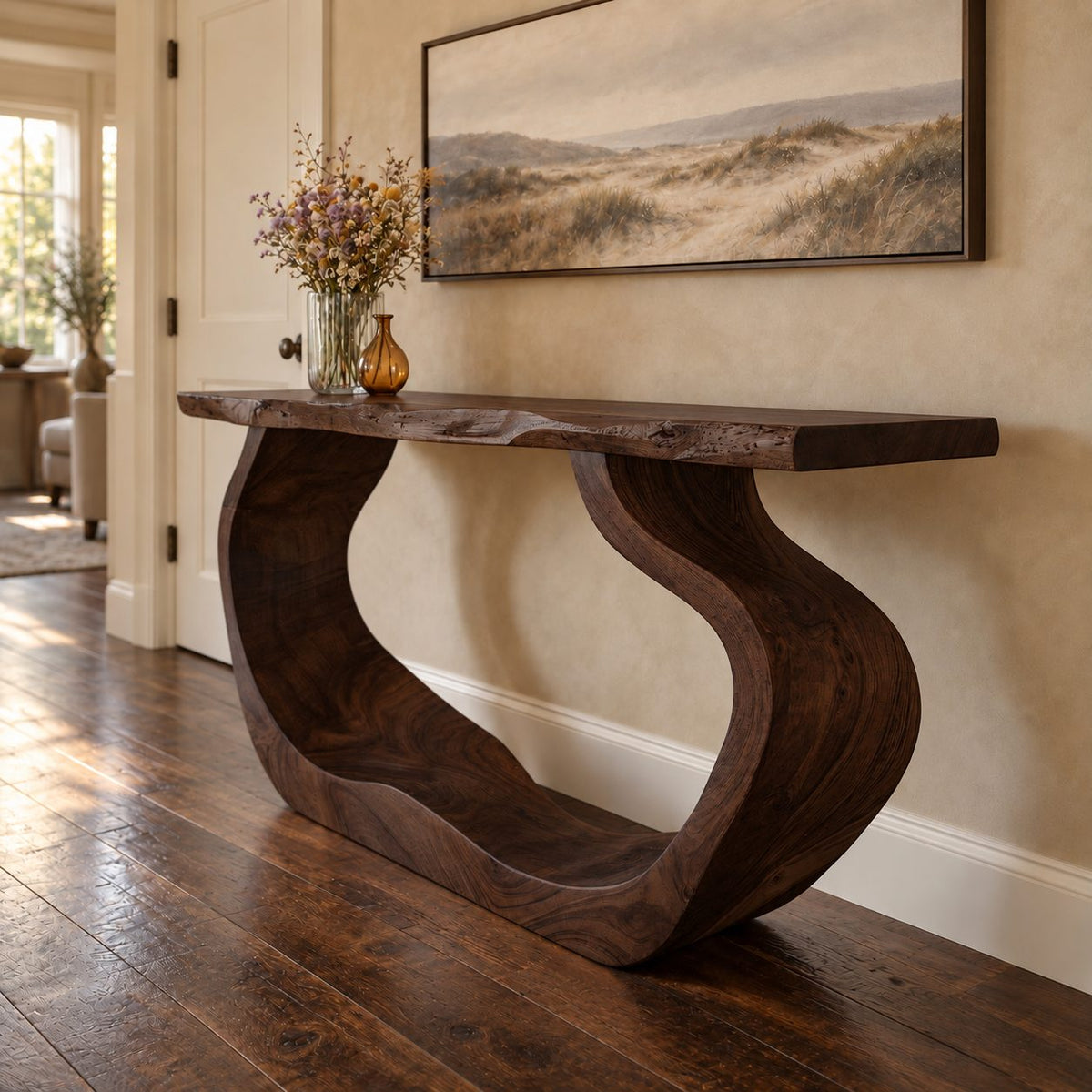 Live Edge Console Table with Curved Waterfall Loop Base, Sculptural Solid Wood Entryway Table
