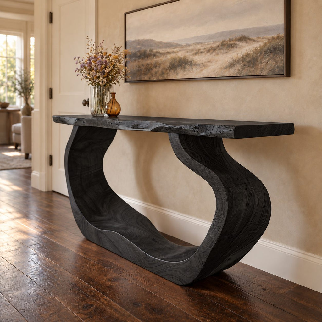 Live Edge Console Table with Curved Waterfall Loop Base, Sculptural Solid Wood Entryway Table