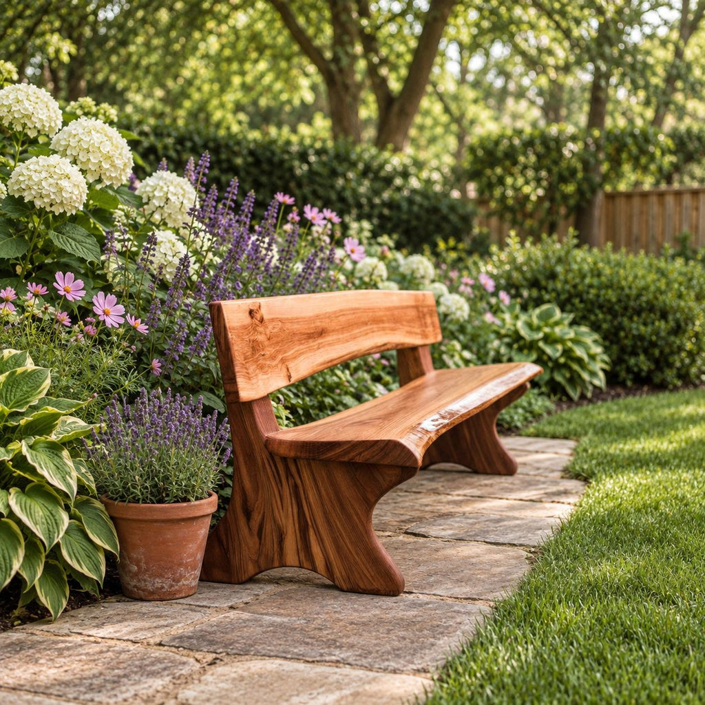 Live Edge Bench with Backrest, Solid Wood Garden and Hallway Bench on Sculpted Slab Legs