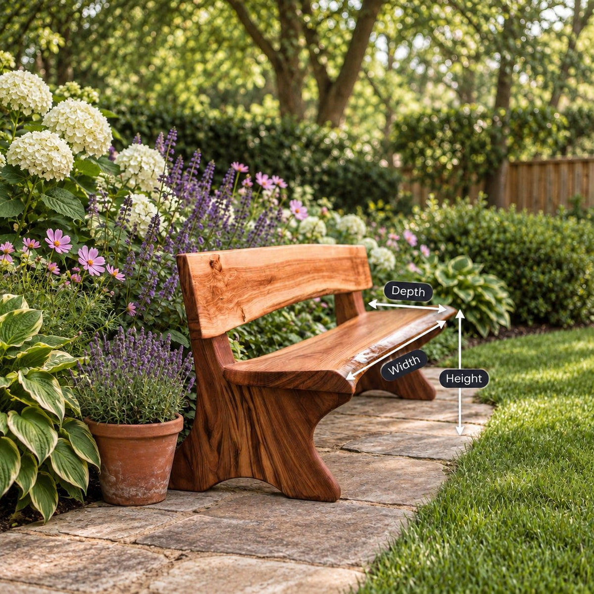 Live Edge Bench with Backrest, Solid Wood Garden and Hallway Bench on Sculpted Slab Legs