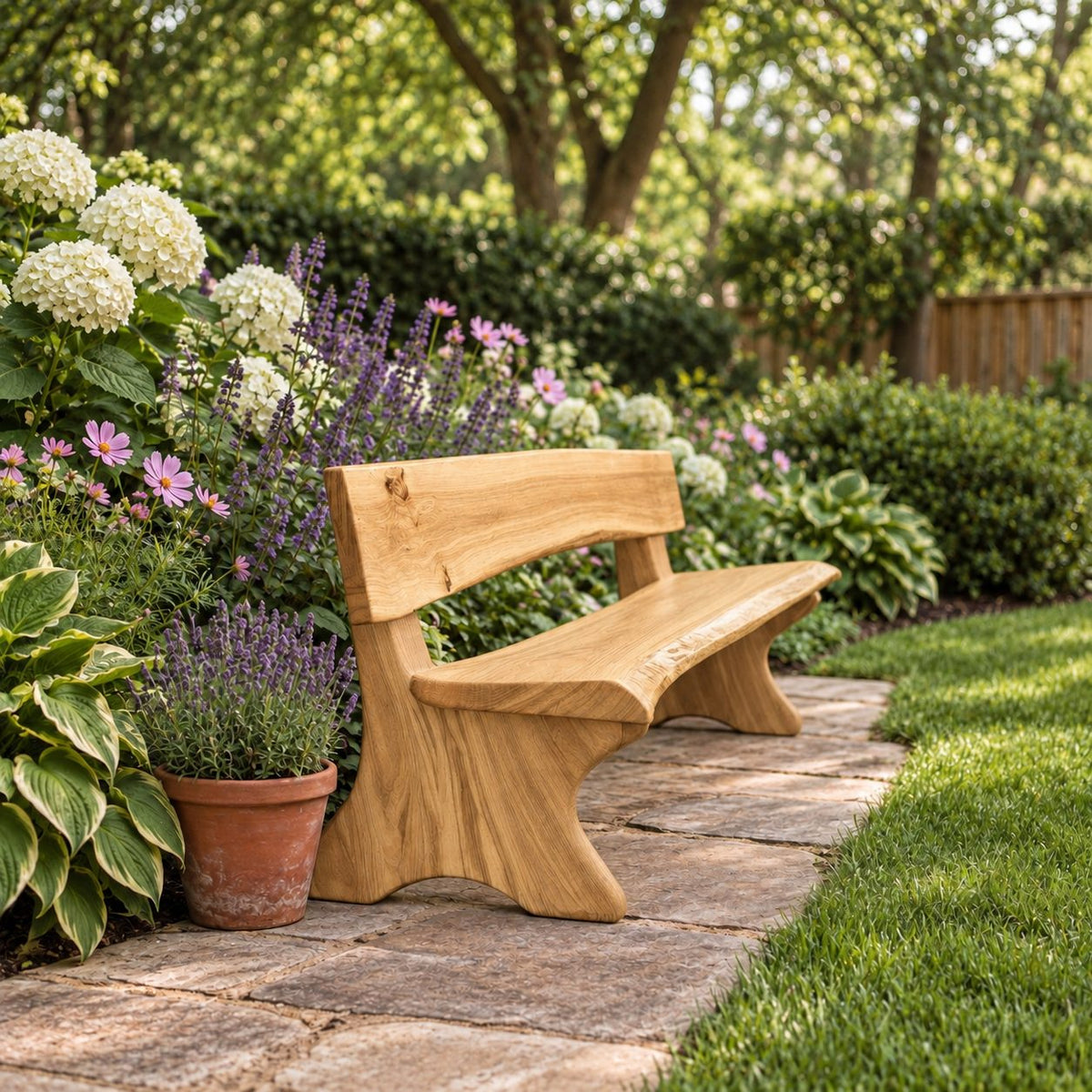 Live Edge Bench with Backrest, Solid Wood Garden and Hallway Bench on Sculpted Slab Legs