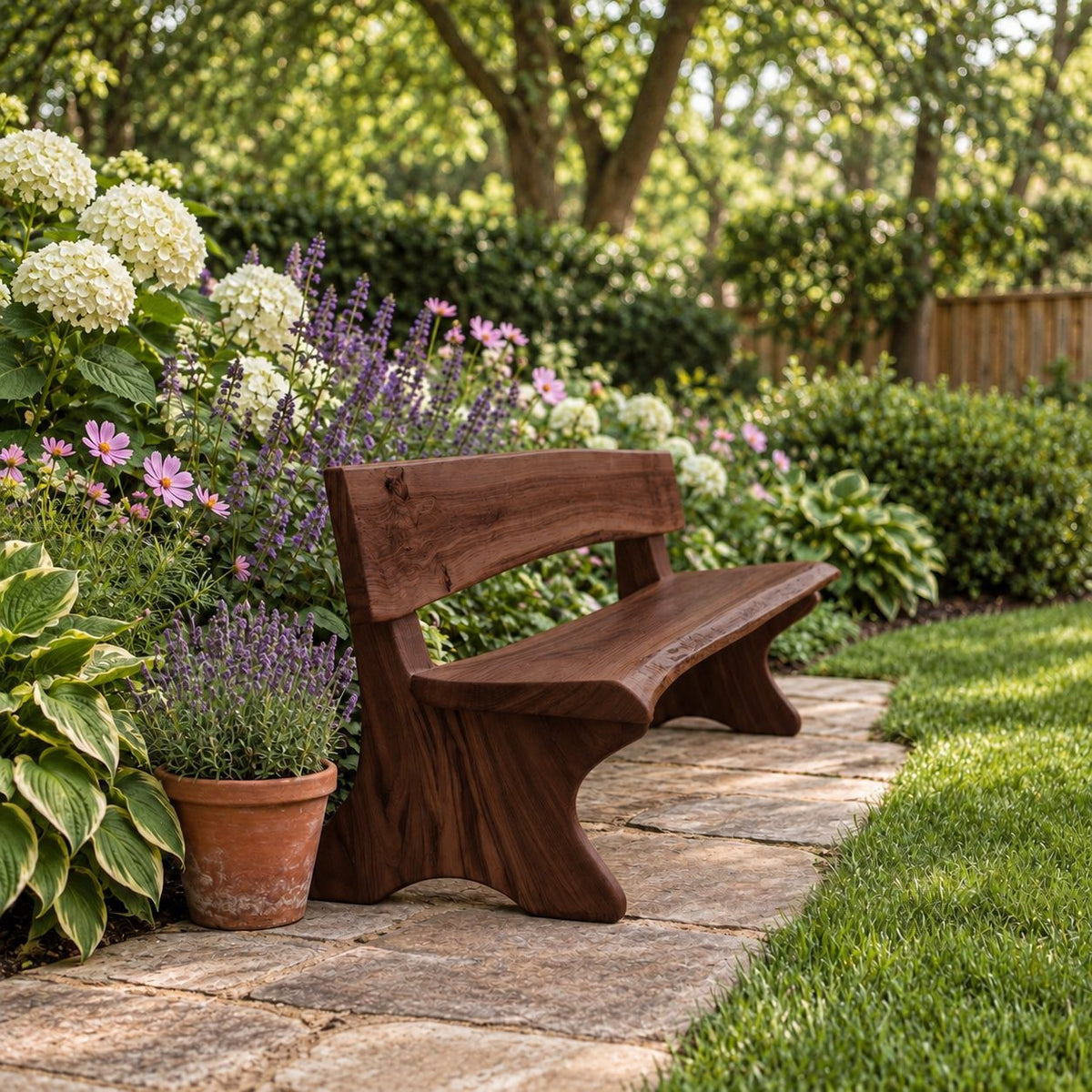 Live Edge Bench with Backrest, Solid Wood Garden and Hallway Bench on Sculpted Slab Legs