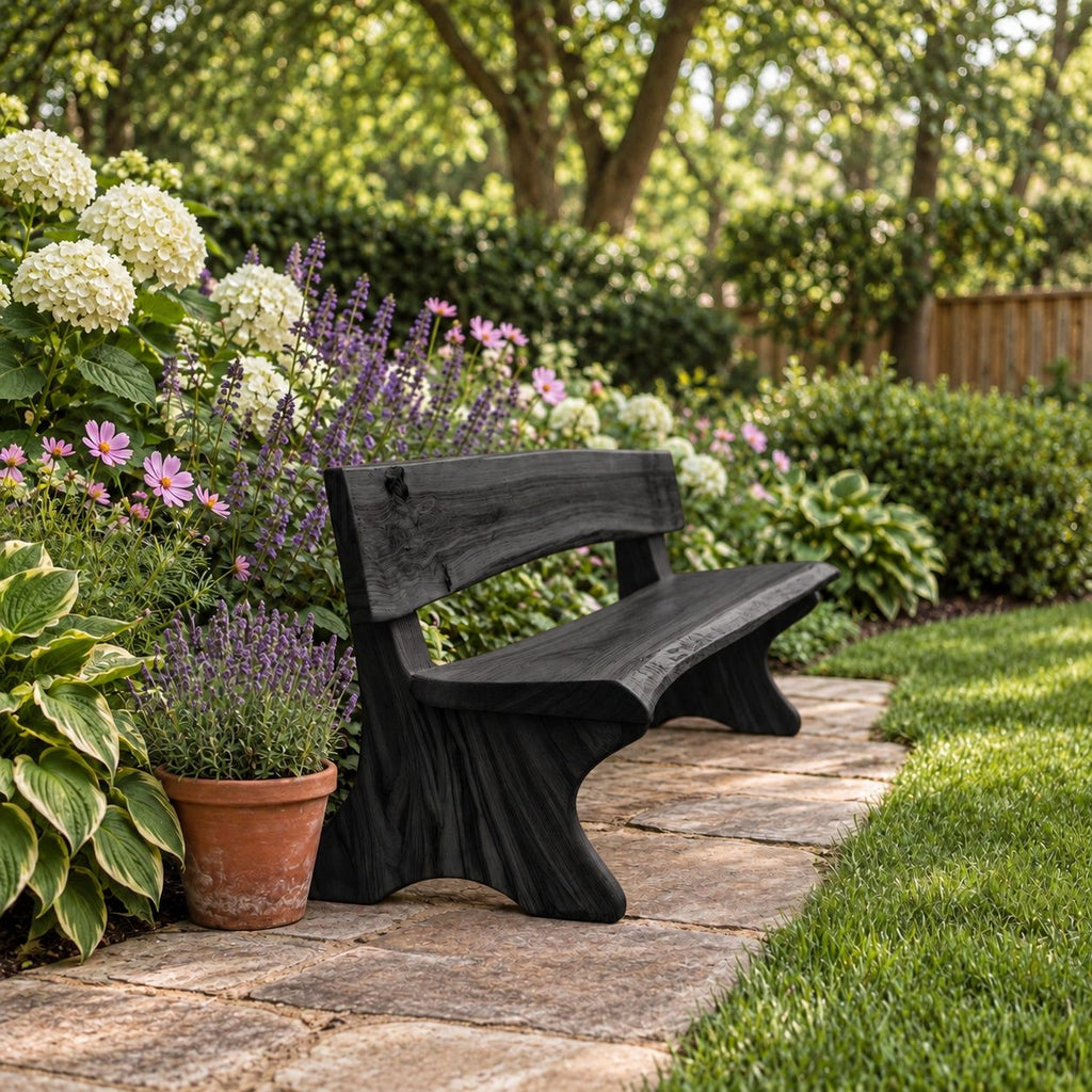 Live Edge Bench with Backrest, Solid Wood Garden and Hallway Bench on Sculpted Slab Legs