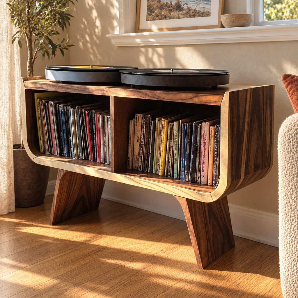 Mid Century Record Player Stand with Two Vinyl Cubbies, Solid Wood Turntable Stand on Angled Legs