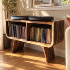 Mid Century Record Player Stand with Two Vinyl Cubbies, Solid Wood Turntable Stand on Angled Legs