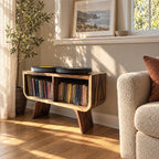 Mid Century Record Player Stand with Two Vinyl Cubbies, Solid Wood Turntable Stand on Angled Legs