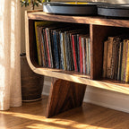Mid Century Record Player Stand with Two Vinyl Cubbies, Solid Wood Turntable Stand on Angled Legs