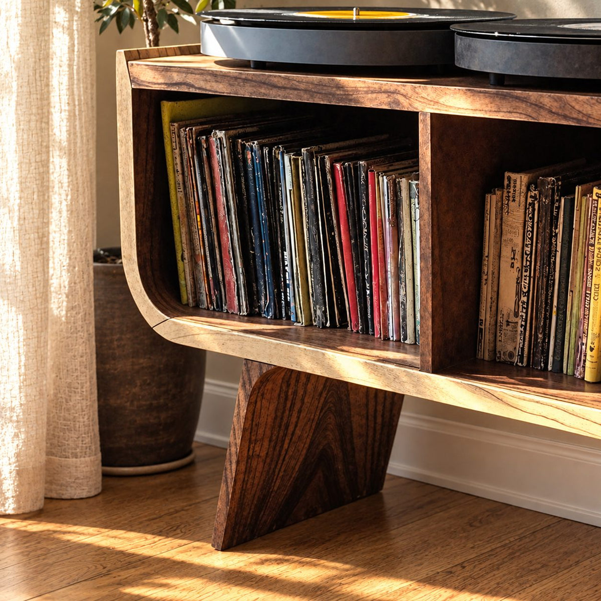 Mid Century Record Player Stand with Two Vinyl Cubbies, Solid Wood Turntable Stand on Angled Legs