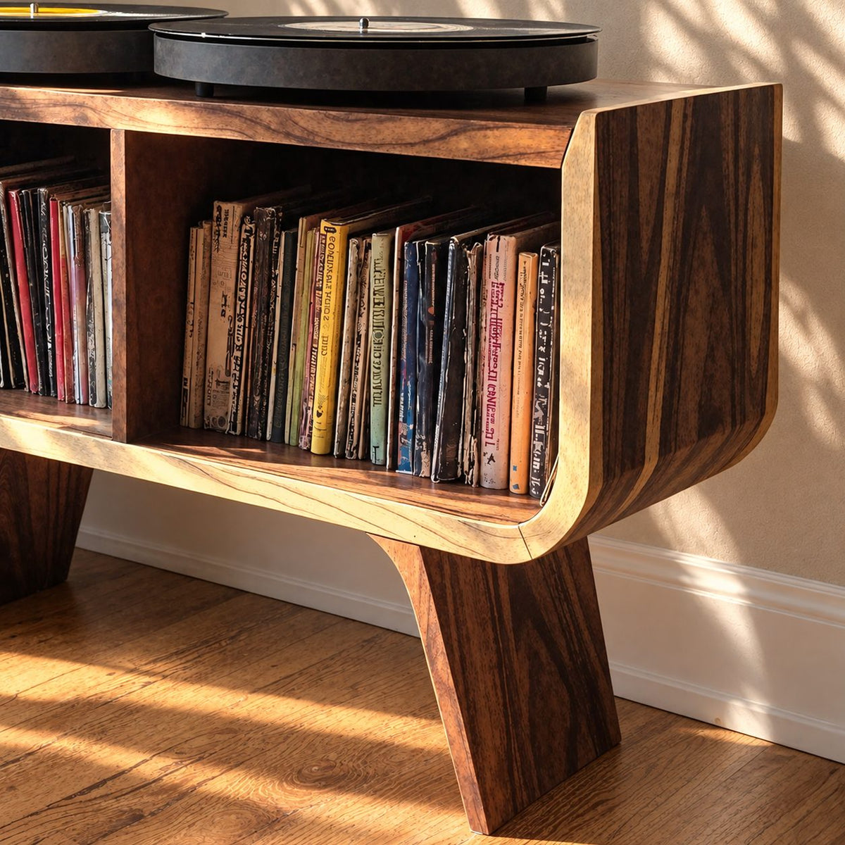 Mid Century Record Player Stand with Two Vinyl Cubbies, Solid Wood Turntable Stand on Angled Legs