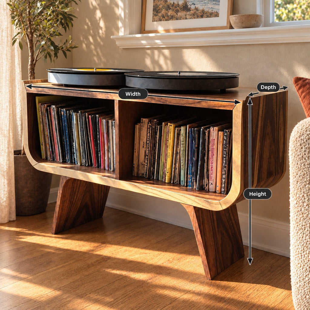 Mid Century Record Player Stand with Two Vinyl Cubbies, Solid Wood Turntable Stand on Angled Legs