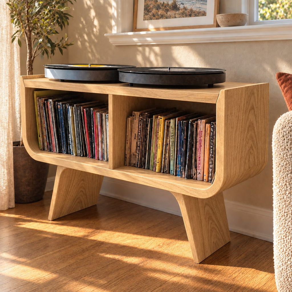 Mid Century Record Player Stand with Two Vinyl Cubbies, Solid Wood Turntable Stand on Angled Legs