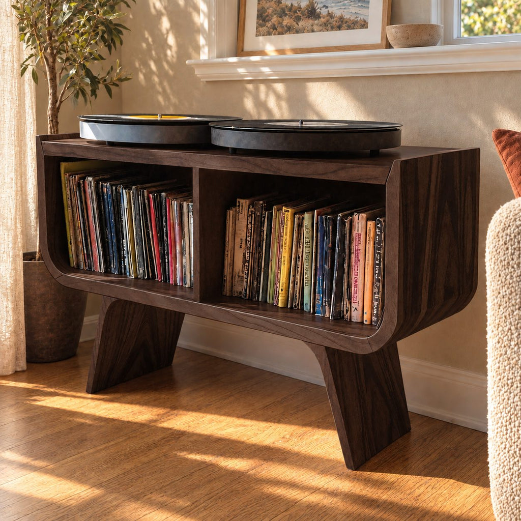 Mid Century Record Player Stand with Two Vinyl Cubbies, Solid Wood Turntable Stand on Angled Legs