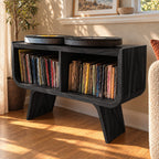 Mid Century Record Player Stand with Two Vinyl Cubbies, Solid Wood Turntable Stand on Angled Legs