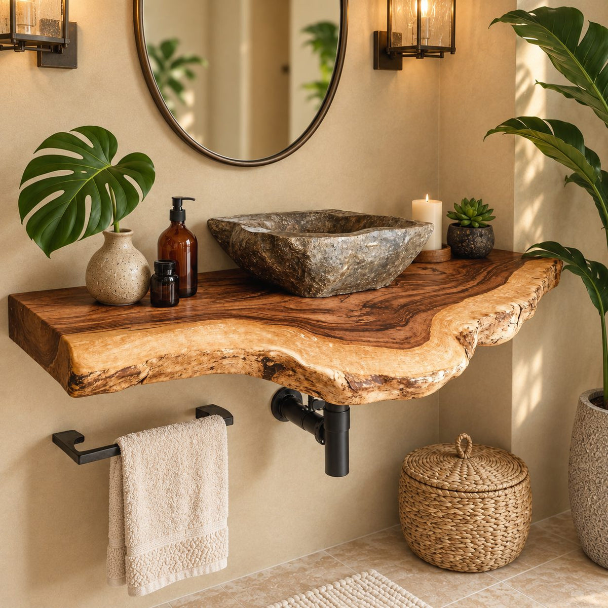 Floating Bathroom Vanity 20-71 Inch, Live Edge Solid Wood Vanity Shelf with Scalloped Natural Edge