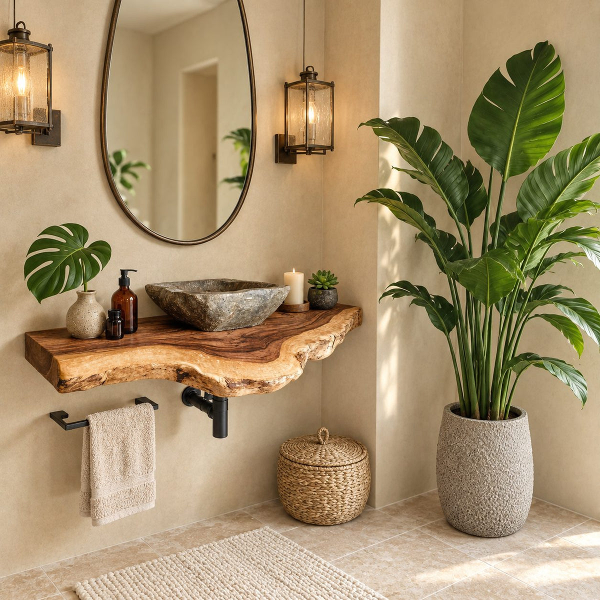 Floating Bathroom Vanity 20-71 Inch, Live Edge Solid Wood Vanity Shelf with Scalloped Natural Edge