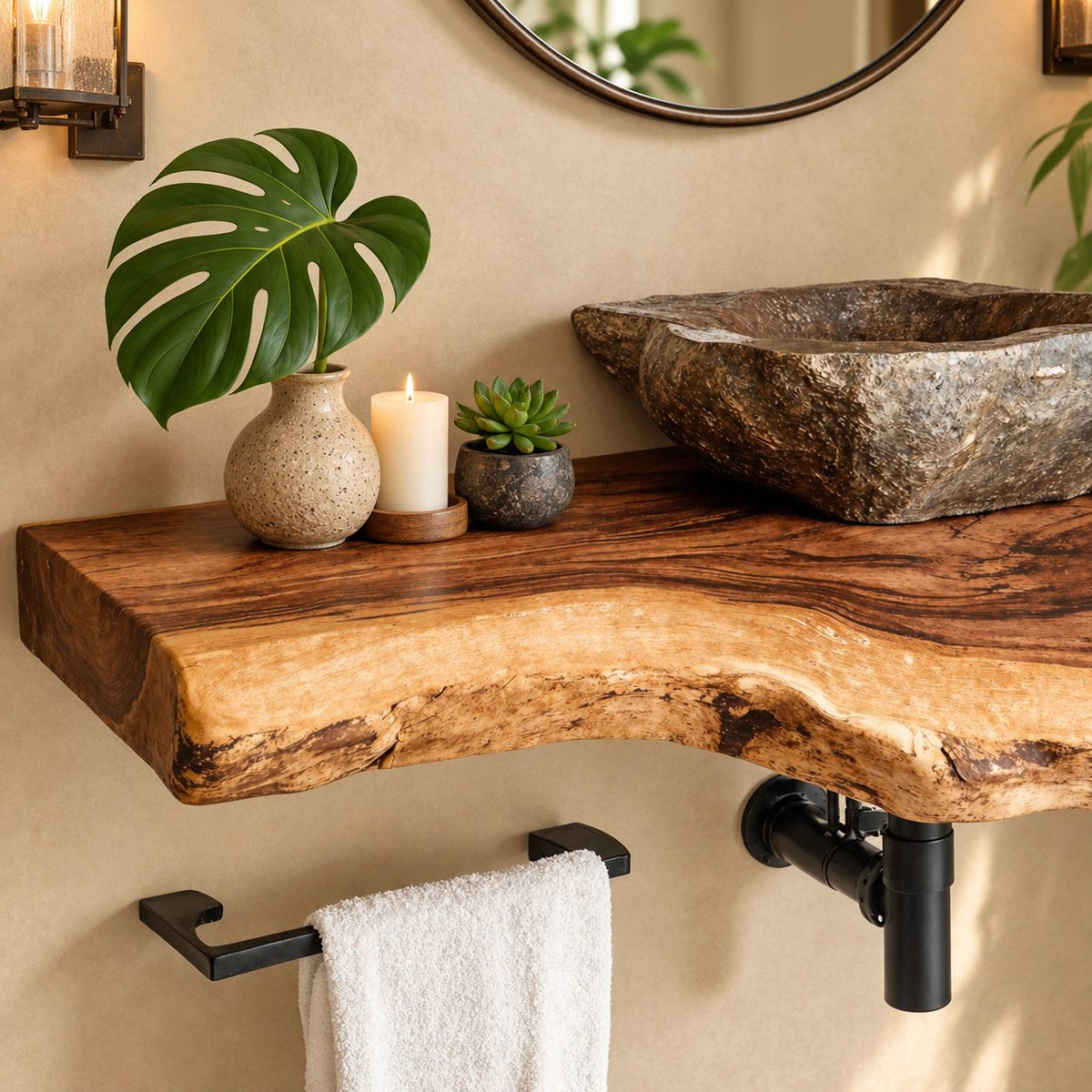 Floating Bathroom Vanity 20-71 Inch, Live Edge Solid Wood Vanity Shelf with Scalloped Natural Edge
