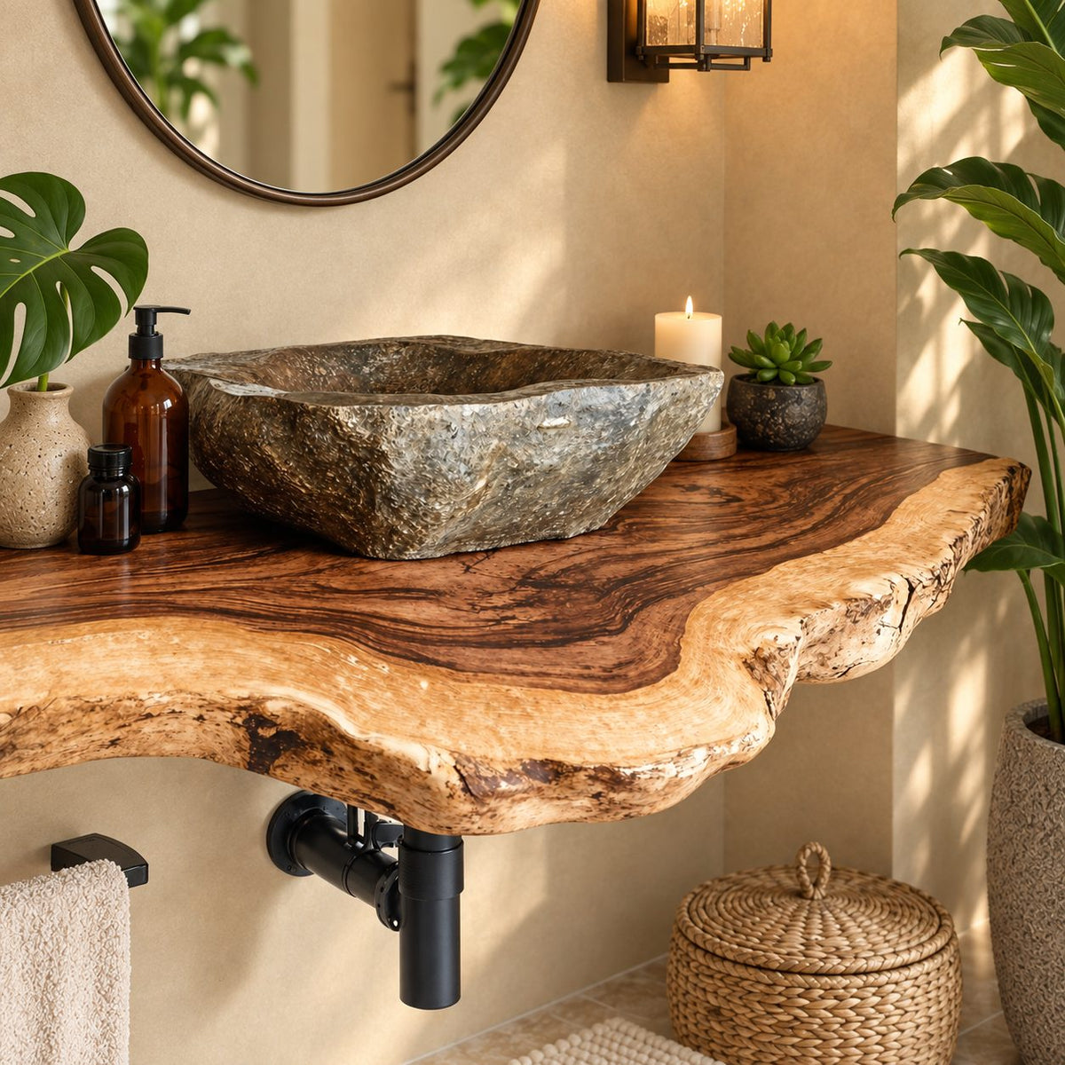 Floating Bathroom Vanity 20-71 Inch, Live Edge Solid Wood Vanity Shelf with Scalloped Natural Edge