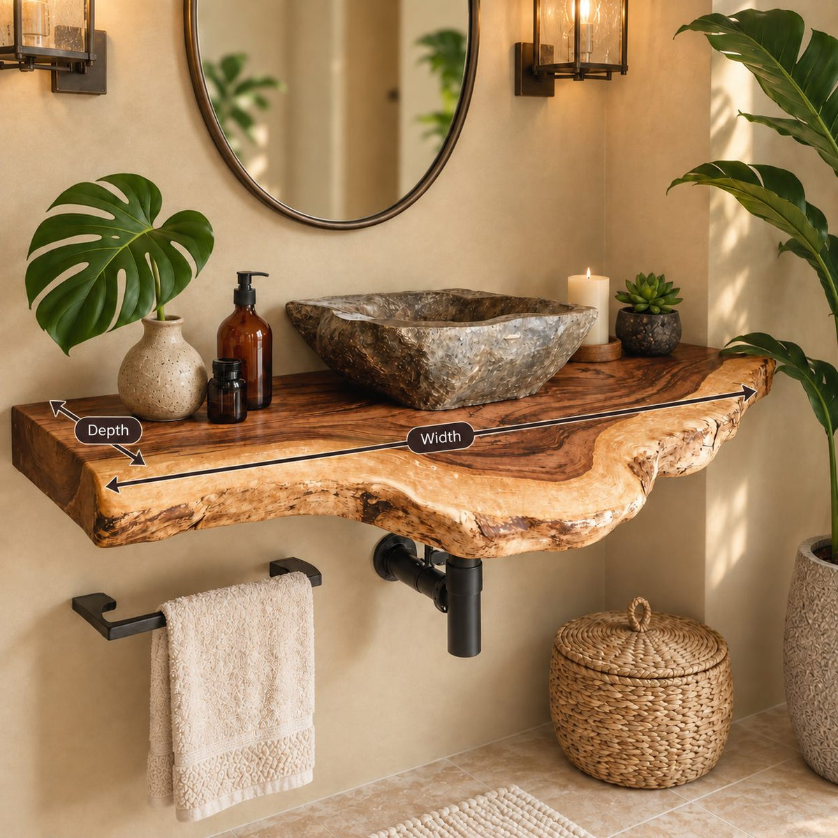 Floating Bathroom Vanity 20-71 Inch, Live Edge Solid Wood Vanity Shelf with Scalloped Natural Edge