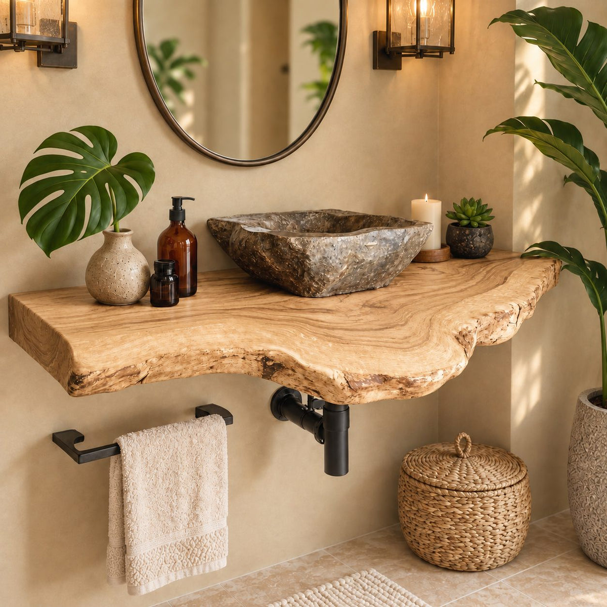 Floating Bathroom Vanity 20-71 Inch, Live Edge Solid Wood Vanity Shelf with Scalloped Natural Edge