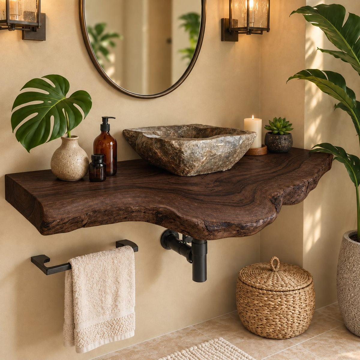 Floating Bathroom Vanity 20-71 Inch, Live Edge Solid Wood Vanity Shelf with Scalloped Natural Edge