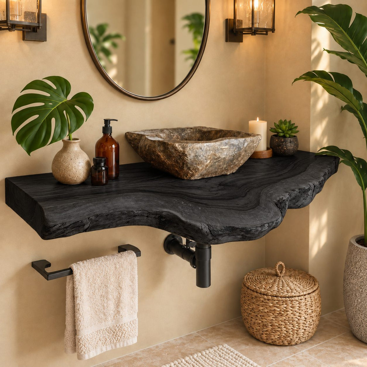 Floating Bathroom Vanity 20-71 Inch, Live Edge Solid Wood Vanity Shelf with Scalloped Natural Edge