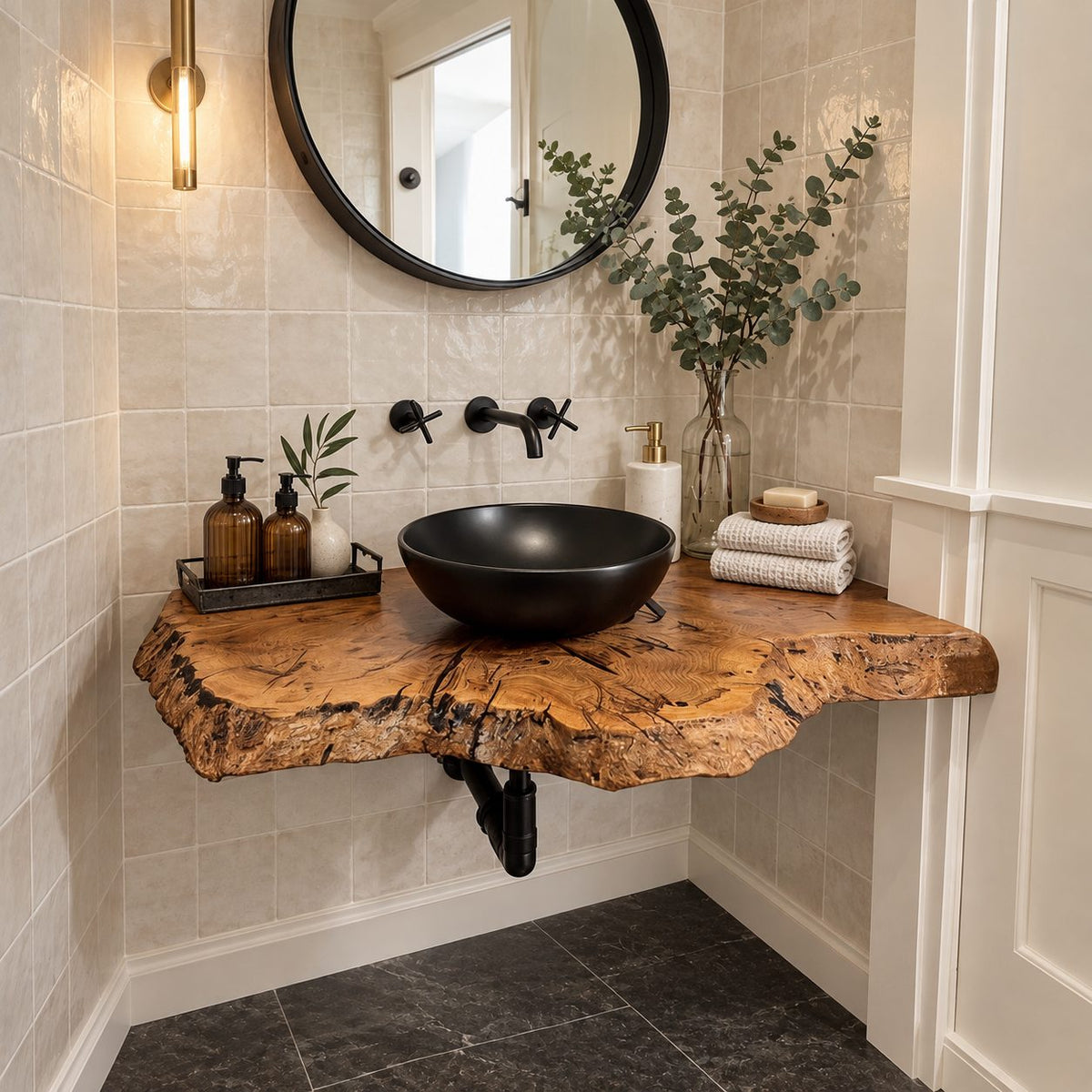 Floating Bathroom Vanity 16-48 Inch, Rustic Burl Edge Solid Wood Wall-Mounted Vanity Desk Shelf