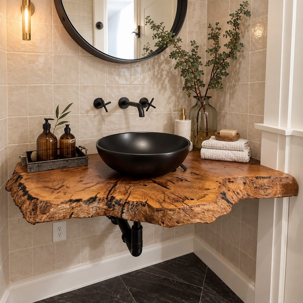 Floating Bathroom Vanity 16-48 Inch, Rustic Burl Edge Solid Wood Wall-Mounted Vanity Desk Shelf