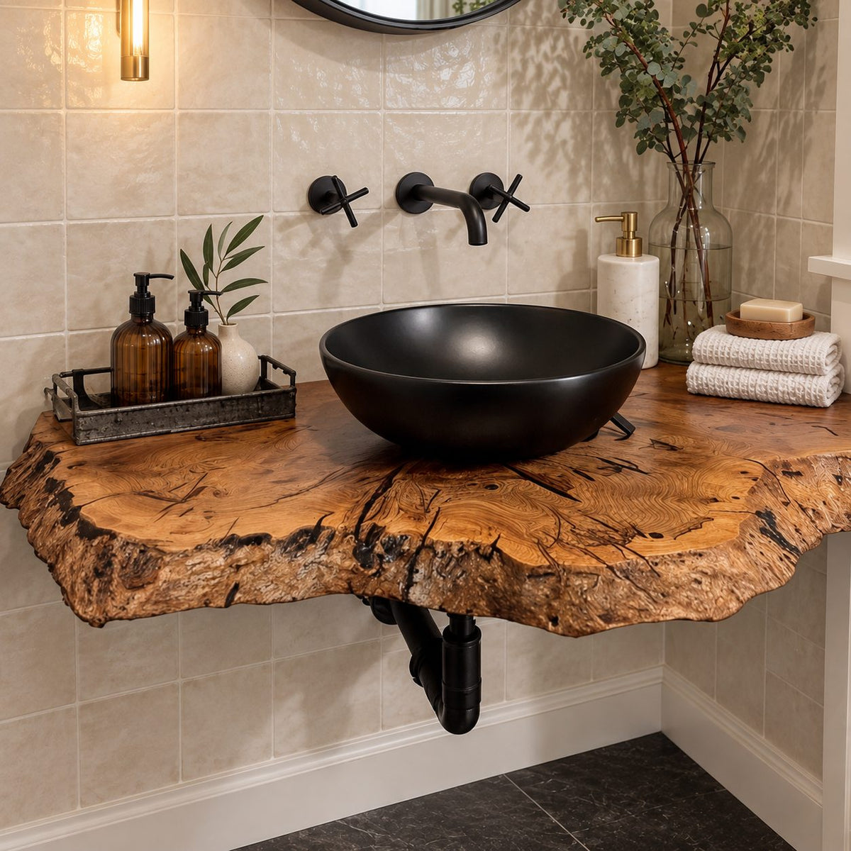 Floating Bathroom Vanity 16-48 Inch, Rustic Burl Edge Solid Wood Wall-Mounted Vanity Desk Shelf