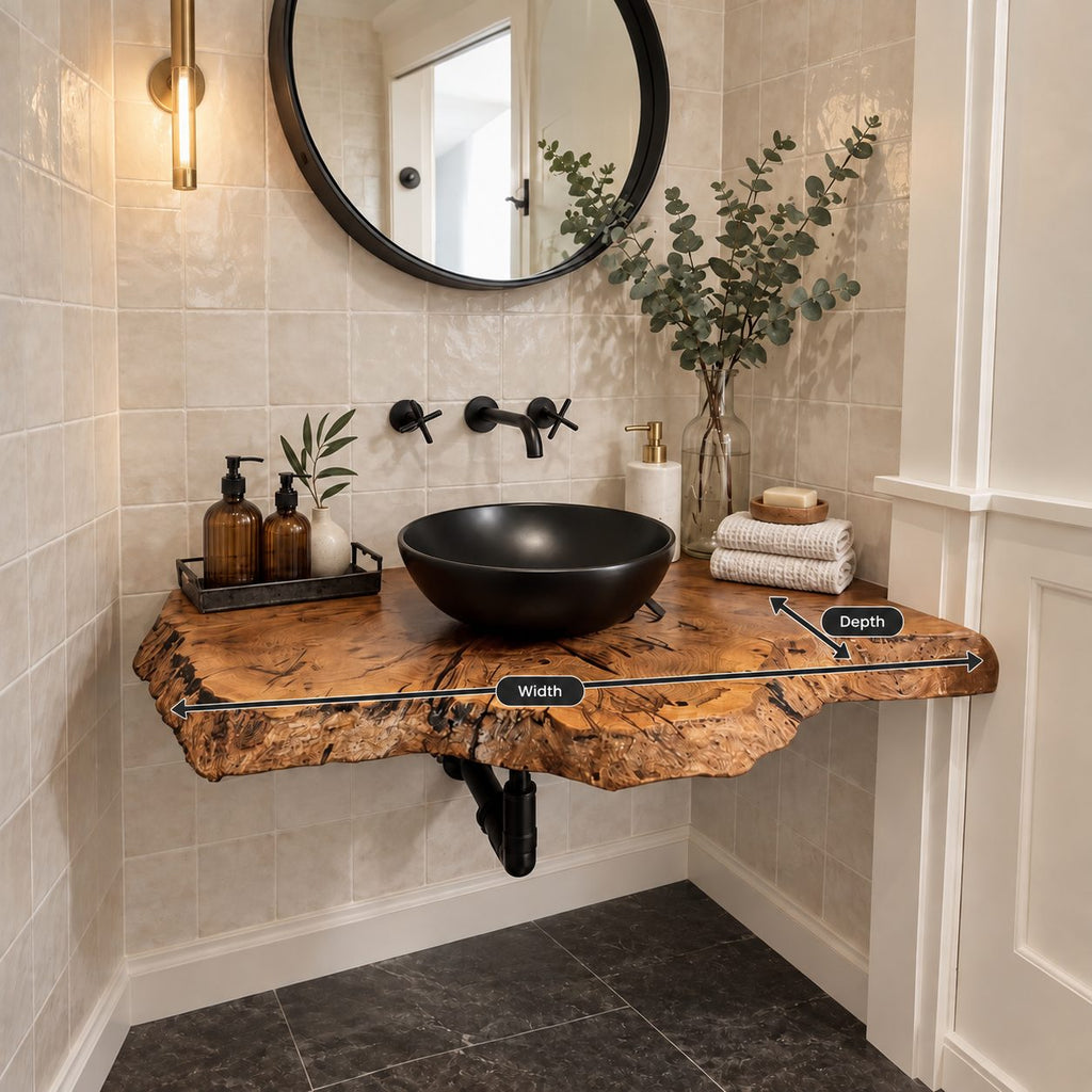 Floating Bathroom Vanity 16-48 Inch, Rustic Burl Edge Solid Wood Wall-Mounted Vanity Desk Shelf