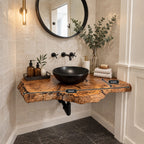 Floating Bathroom Vanity 16-48 Inch, Rustic Burl Edge Solid Wood Wall-Mounted Vanity Desk Shelf