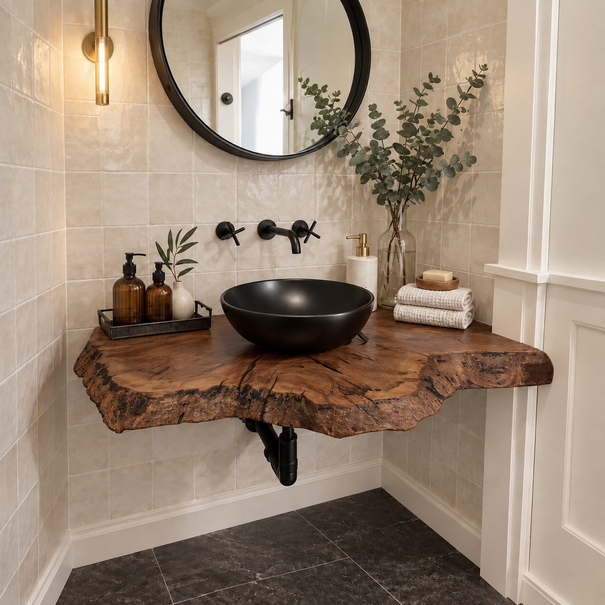 Floating Bathroom Vanity 16-48 Inch, Rustic Burl Edge Solid Wood Wall-Mounted Vanity Desk Shelf