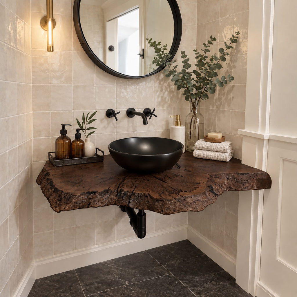 Floating Bathroom Vanity 16-48 Inch, Rustic Burl Edge Solid Wood Wall-Mounted Vanity Desk Shelf