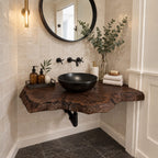 Floating Bathroom Vanity 16-48 Inch, Rustic Burl Edge Solid Wood Wall-Mounted Vanity Desk Shelf