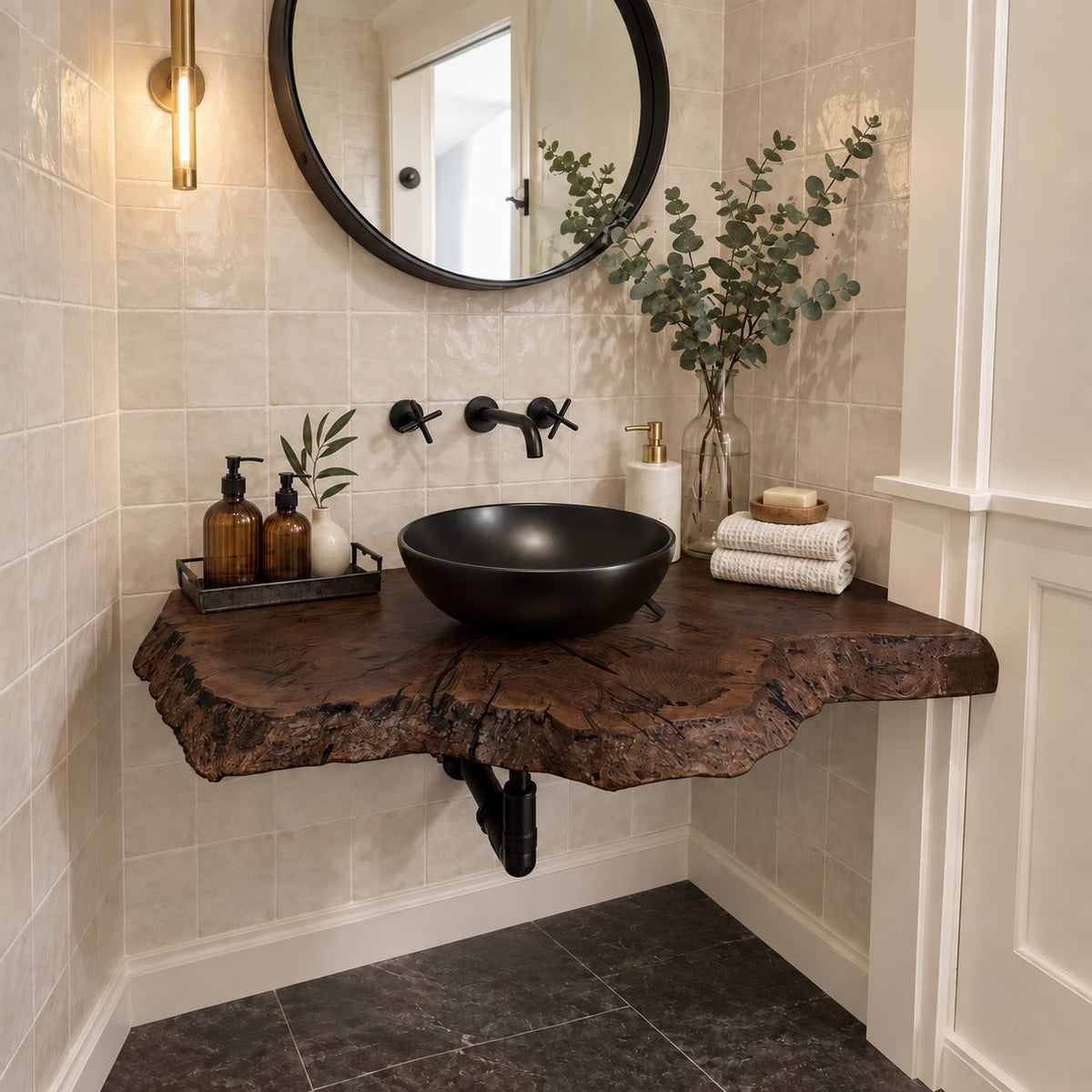 Floating Bathroom Vanity 16-48 Inch, Rustic Burl Edge Solid Wood Wall-Mounted Vanity Desk Shelf