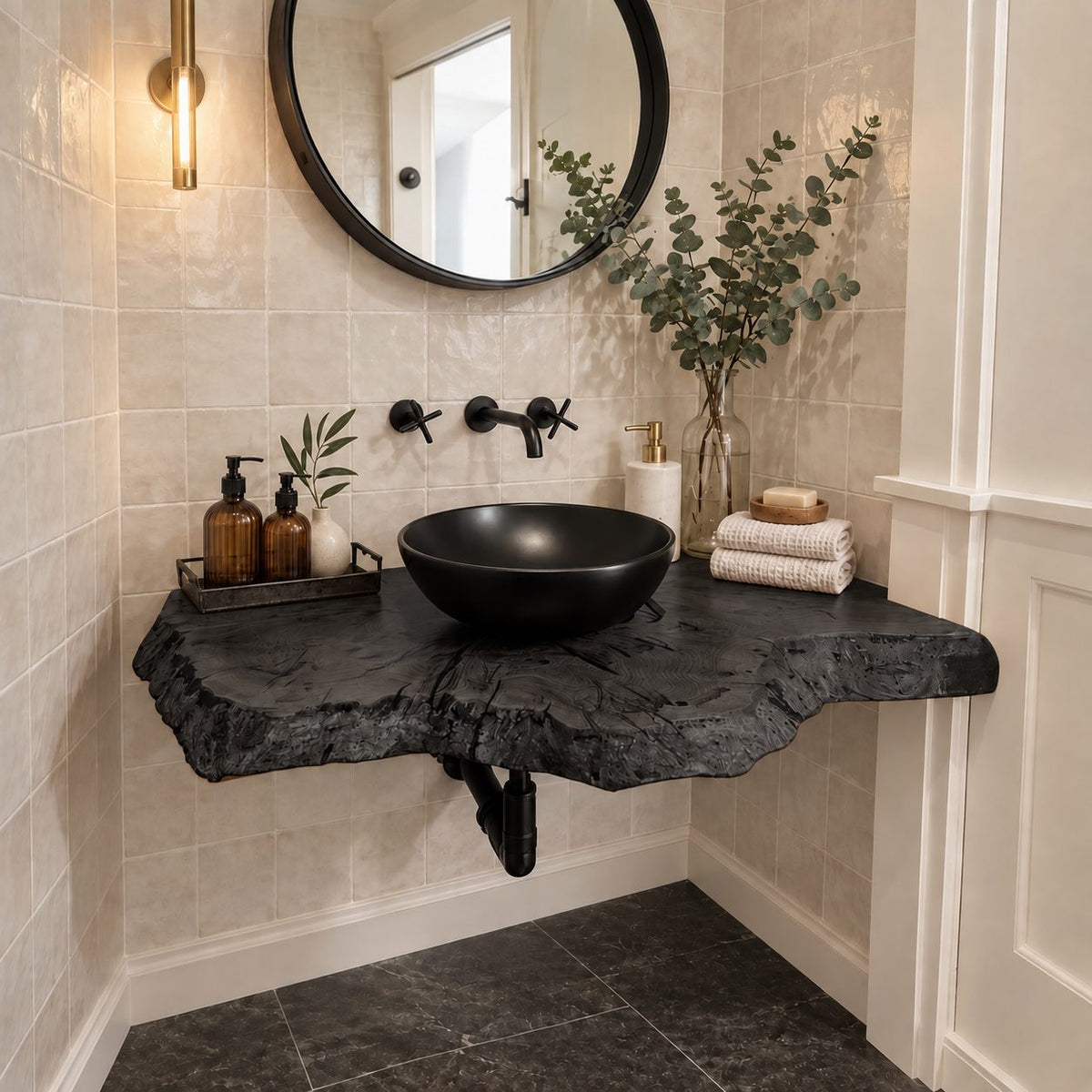 Floating Bathroom Vanity 16-48 Inch, Rustic Burl Edge Solid Wood Wall-Mounted Vanity Desk Shelf