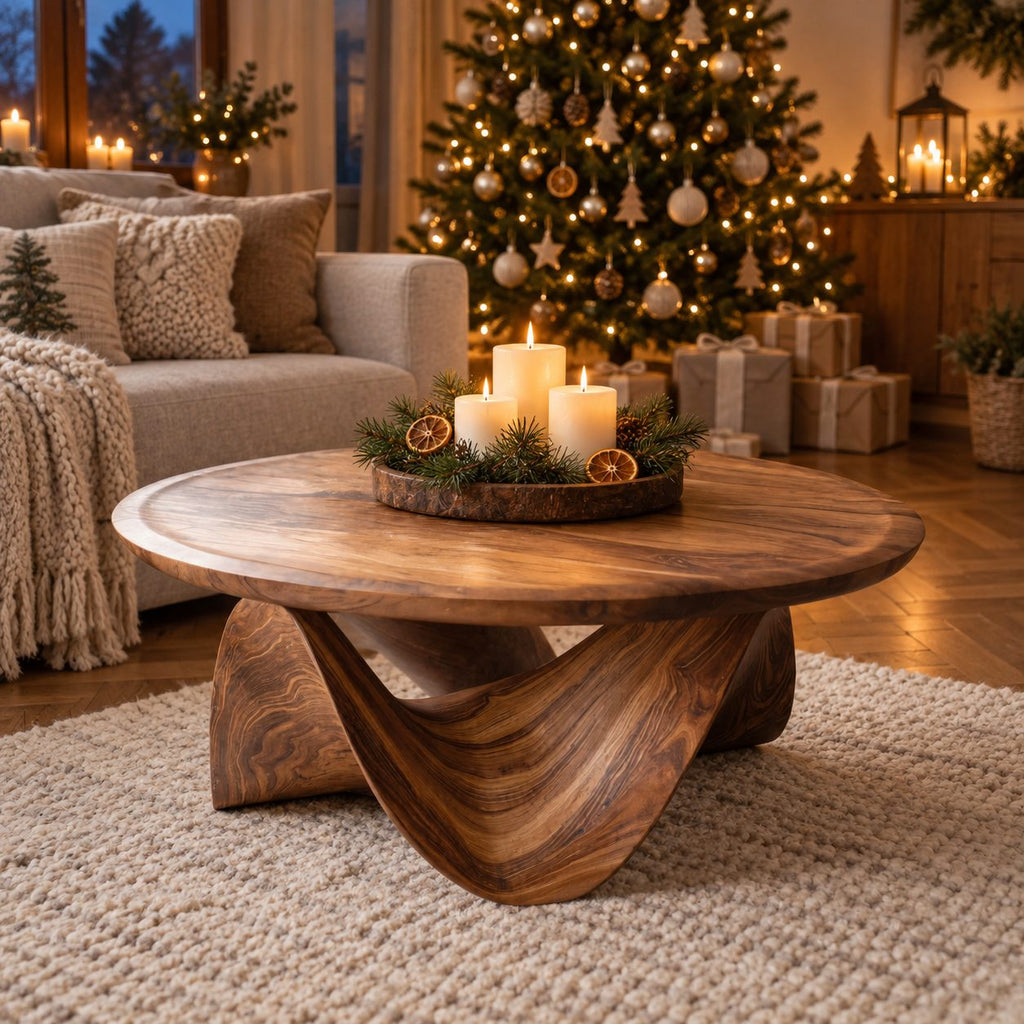 Round Coffee Table with Sculptural Wave Base, Solid Wood Low Center Table for Living Room
