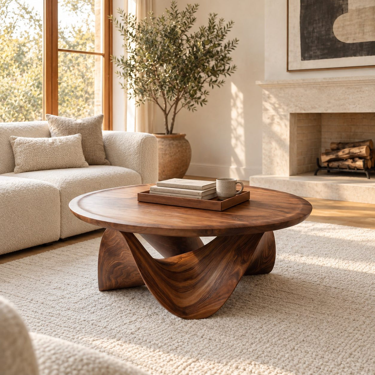 Round Coffee Table with Sculptural Wave Base, Solid Wood Low Center Table for Living Room