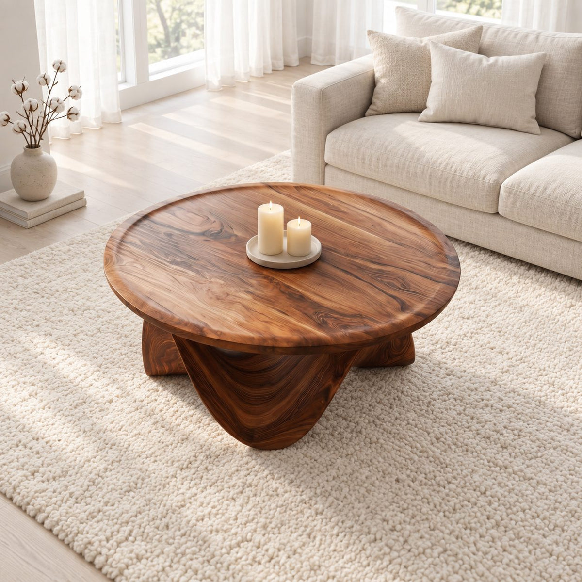 Round Coffee Table with Sculptural Wave Base, Solid Wood Low Center Table for Living Room