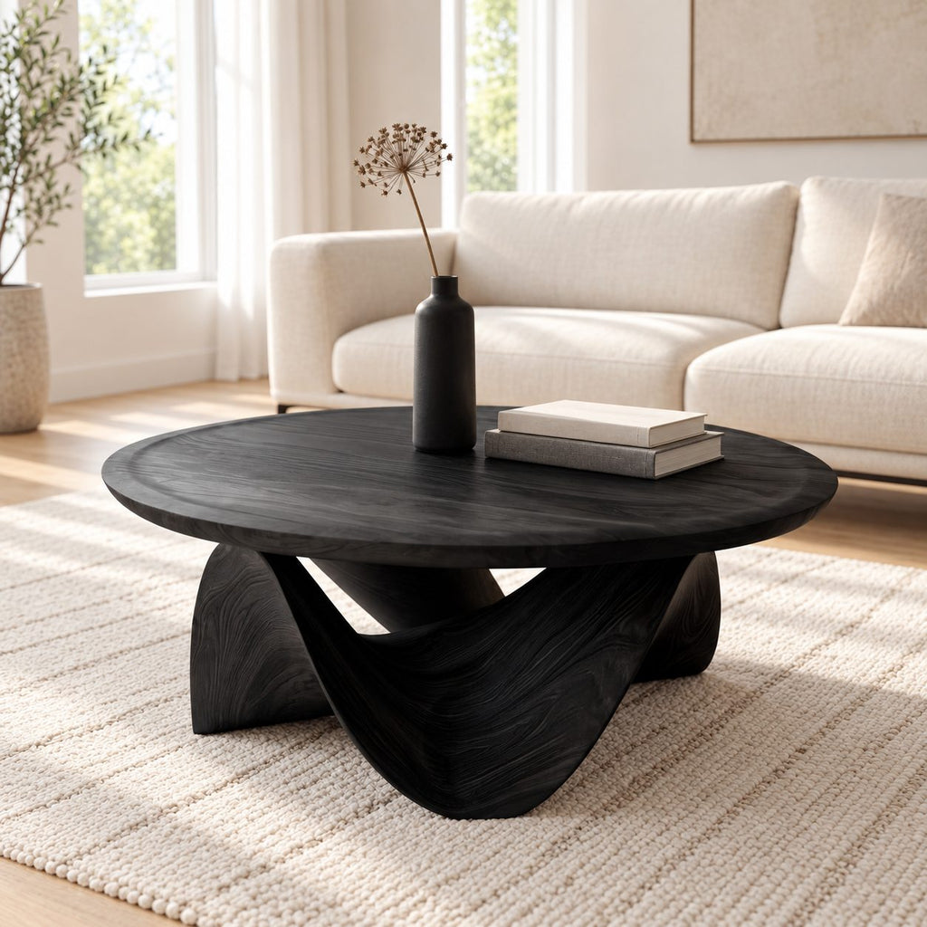 Round Coffee Table with Sculptural Wave Base, Solid Wood Low Center Table for Living Room