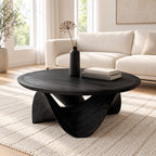 Round Coffee Table with Sculptural Wave Base, Solid Wood Low Center Table for Living Room