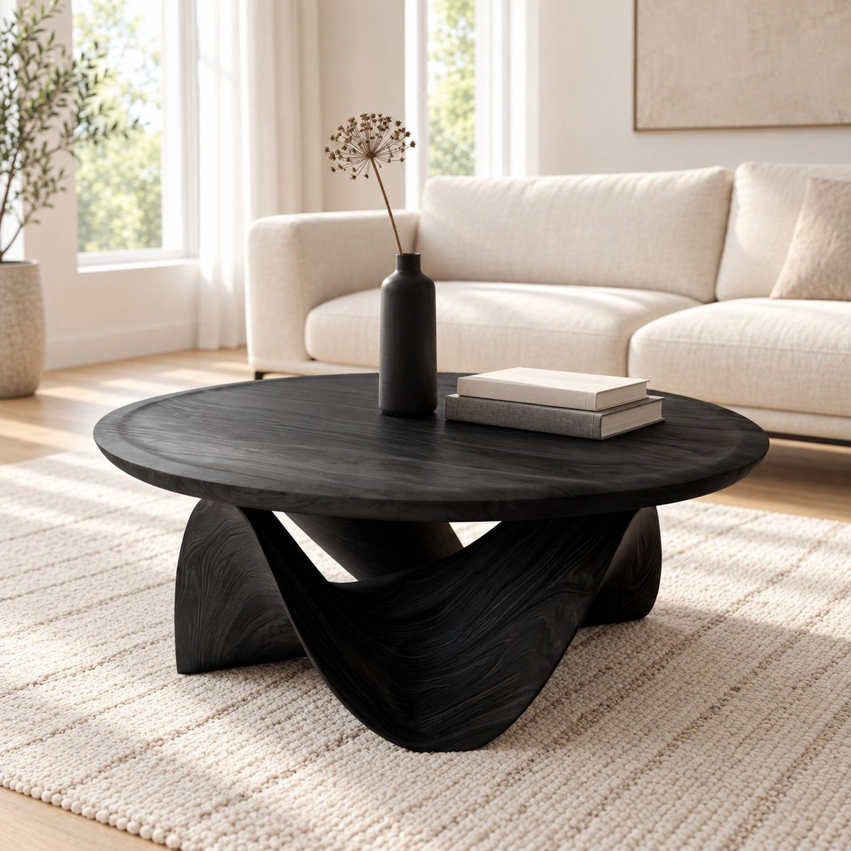 Round Coffee Table with Sculptural Wave Base, Solid Wood Low Center Table for Living Room