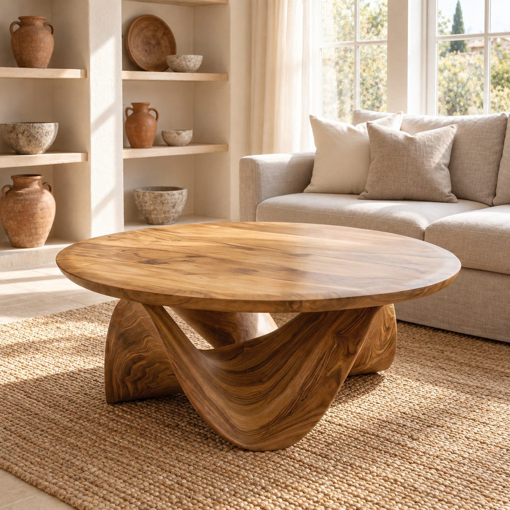 Round Coffee Table with Sculptural Wave Base, Solid Wood Low Center Table for Living Room