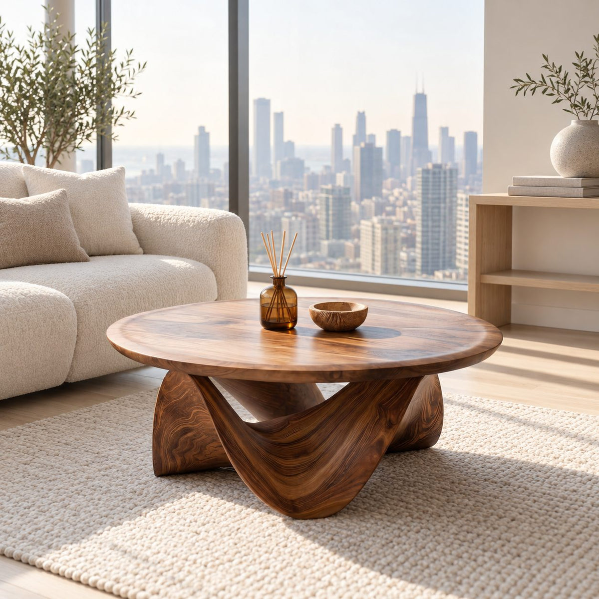 Round Coffee Table with Sculptural Wave Base, Solid Wood Low Center Table for Living Room