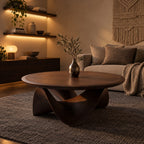Round Coffee Table with Sculptural Wave Base, Solid Wood Low Center Table for Living Room
