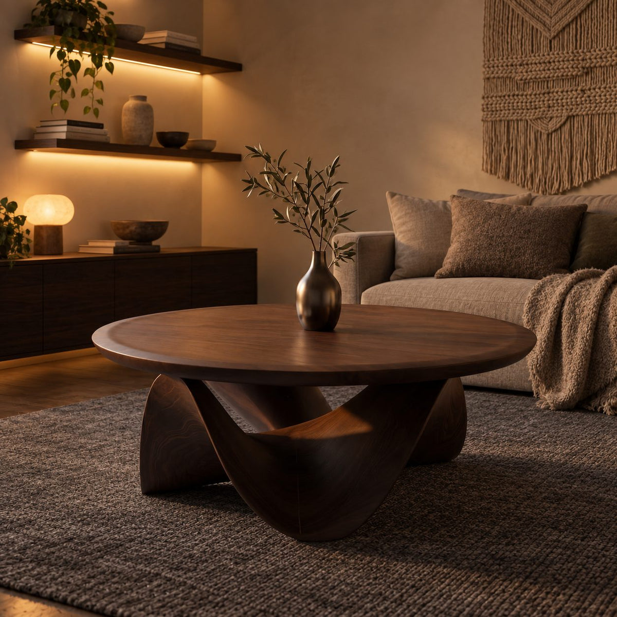 Round Coffee Table with Sculptural Wave Base, Solid Wood Low Center Table for Living Room