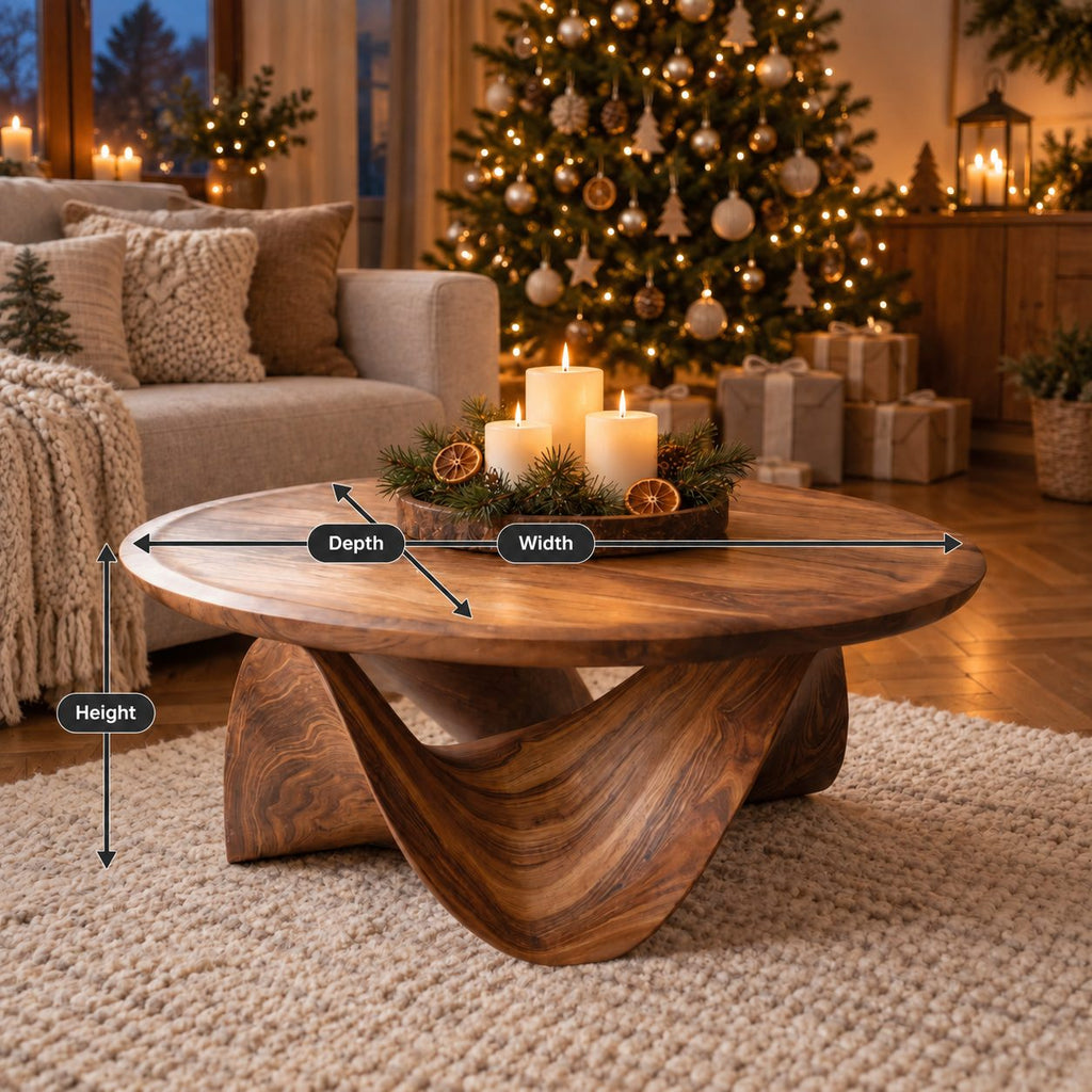 Round Coffee Table with Sculptural Wave Base, Solid Wood Low Center Table for Living Room