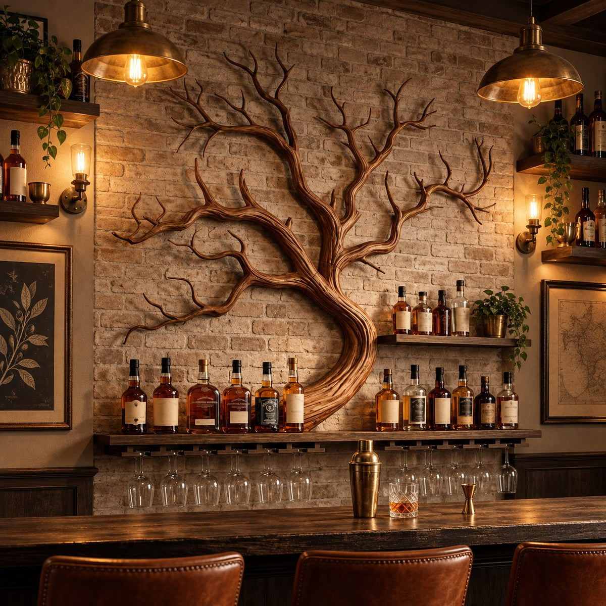 Tree Branch Wine Rack Wall Shelf with Wide Spreading Carved Branches, Home Bar Bottle Display